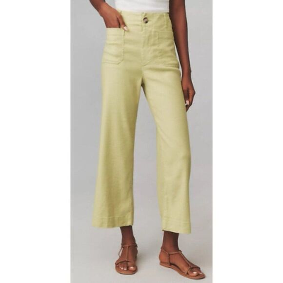 Anthropologie Maeve Colette Cropped Wide Leg Pants Womens 32 LINEN EDITION Lime